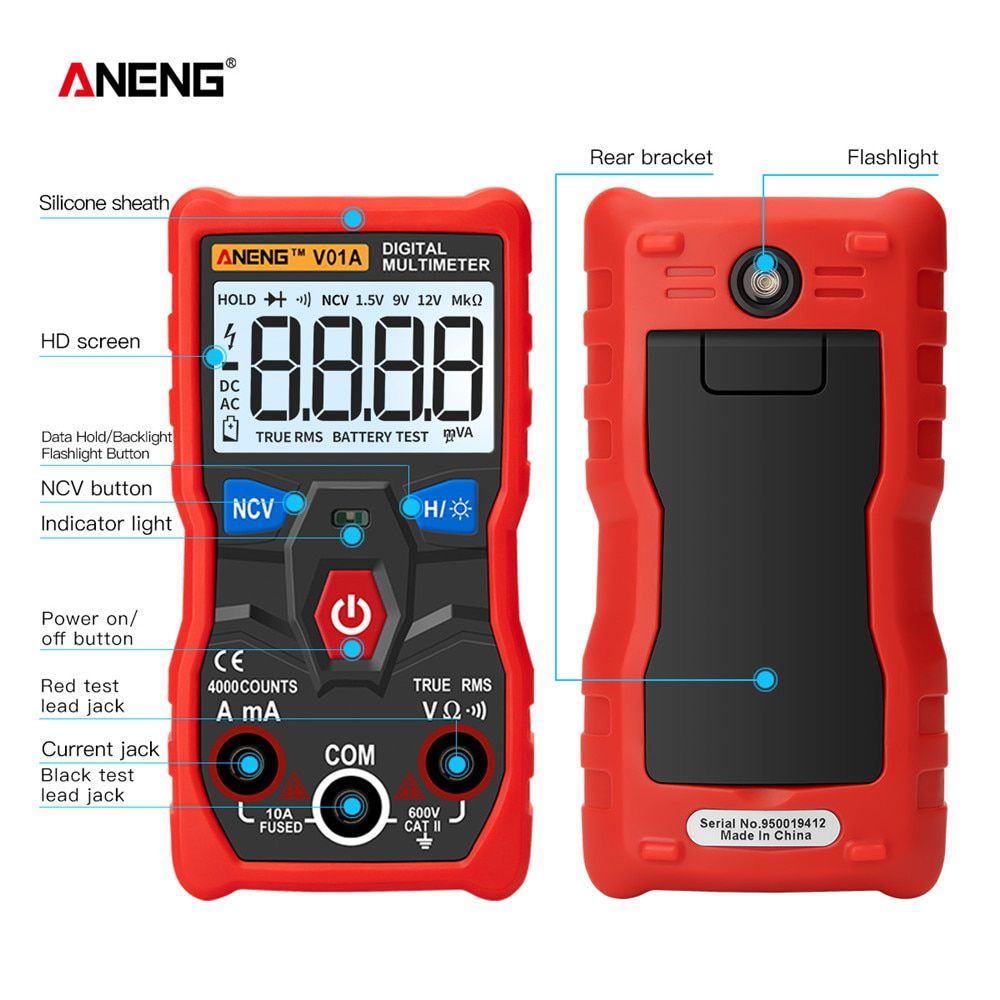 V01A  Digital Professional Multimeter Automatic True-RMS Intelligent NCV 4000 Counts AC/DC Voltage Current Ohm Test Tool