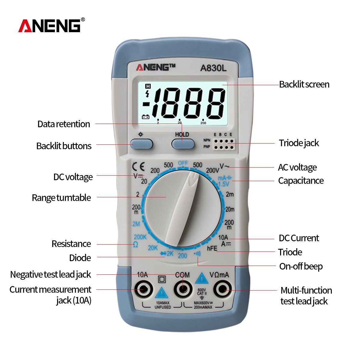 A830L Profesional Eletric Smart Digital Multimeter 1999 Counts Accurate Range AC/DC Voltage Current Tester Lcr Meter