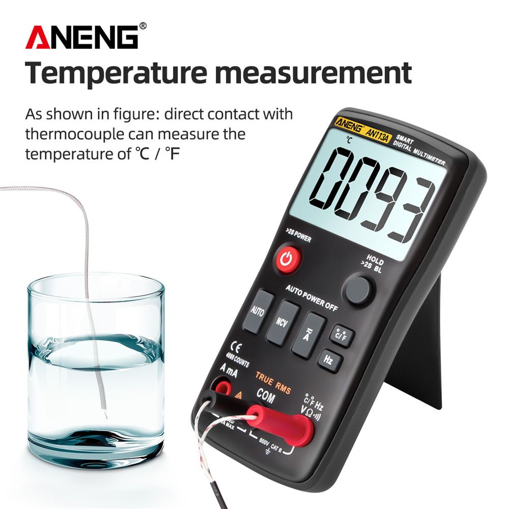 AN113A Digital Multimeter True RMS with Temperature Tester 4000 Counts Auto-Ranging AC/DC Transistor Voltage Meter