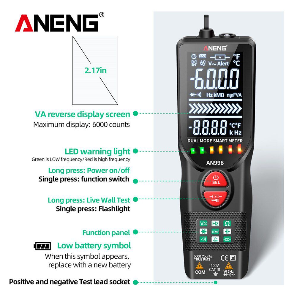 AN998 Automatic Digital 6000 Counts Professional Multimeter Eletric Auto Ranging AC/DC Voltmeter Temp Ohm Hz Detector Tool