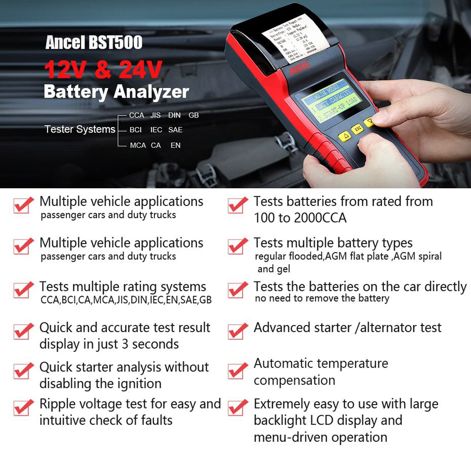Ancel BST500 12V 24V Car Battery Tester With Thermal Printer Car Heavy Duty Truck Battery Analyzer Battery Test Diagnostic Tool