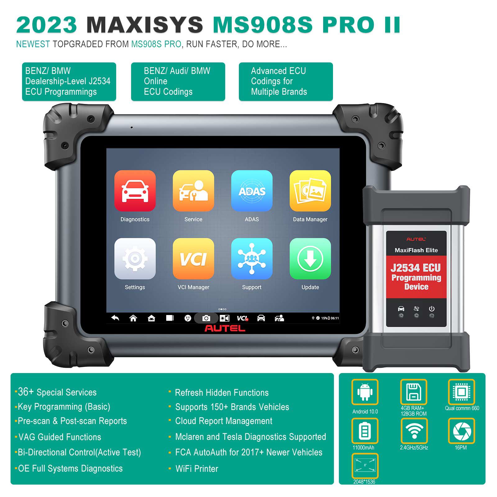 2023 Autel MaxiSys MS908S Pro II Diagnostic Scan Tool Upgraded of MK908P/ MS Elite/ MS908S Pro ECU Programming Coding 36+ Services