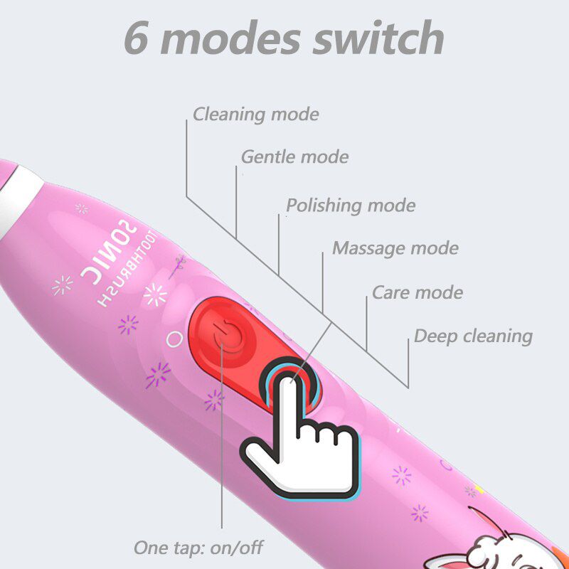 Children's Sonic Electric Toothbrush Kids 3 To 12 Years Old Cleaning Care Oral Bacteria 4 Replacement Brush Heads USB Charging