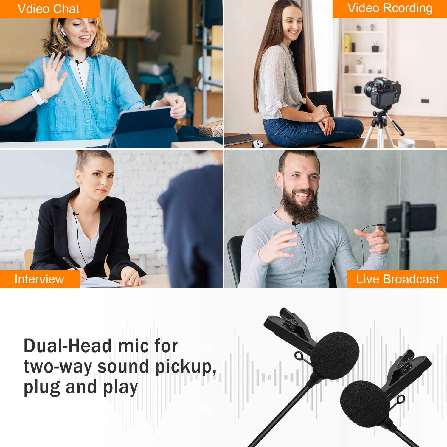 CVM-D02 Dual Lavalier Microphone Portable Clip on Mic for Phones Camera Video Recording Online Meeting Vlogging Streaming