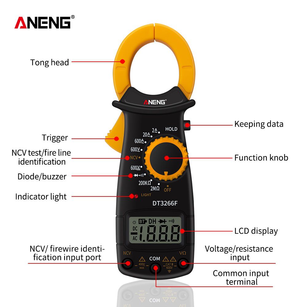 DT3266F Mini Digital Multimeter Ampere Electrical Clamp Meter AC / DC Voltage NCV Resistance Diode Tester with Buzzer