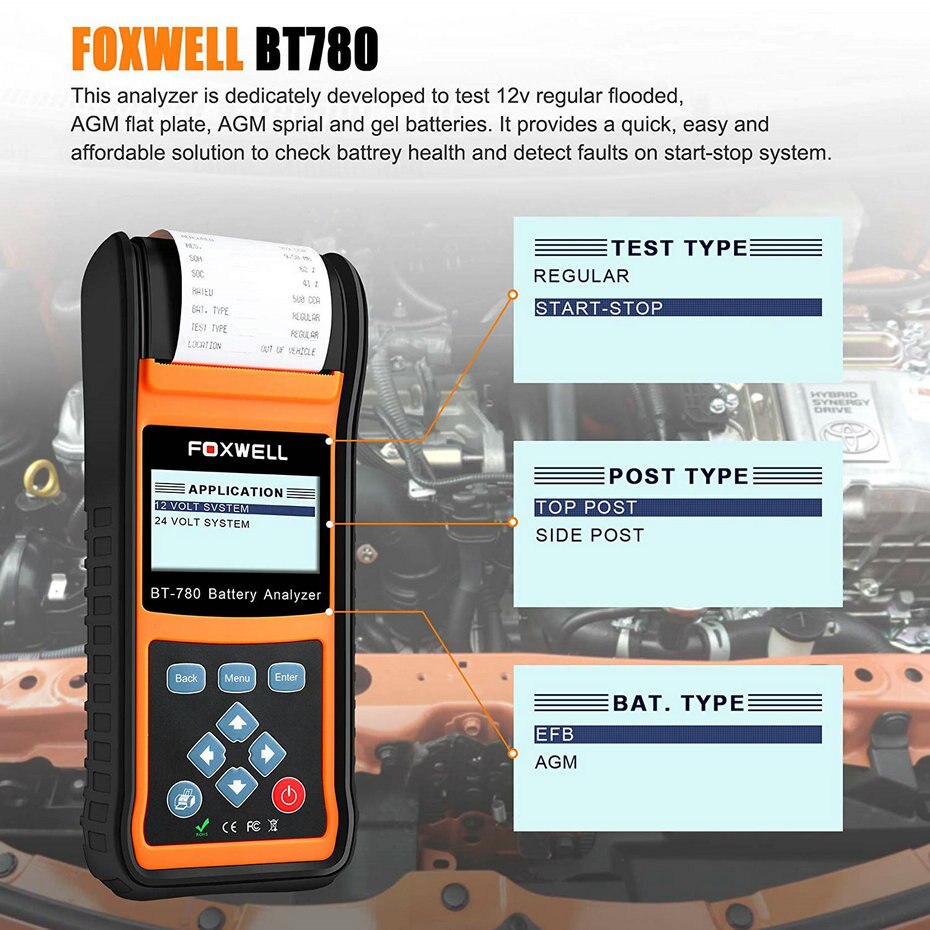 US FOXWELL Battery Tester BT780 Car Battery Load Analyzer 12&24V Starting Charge 
