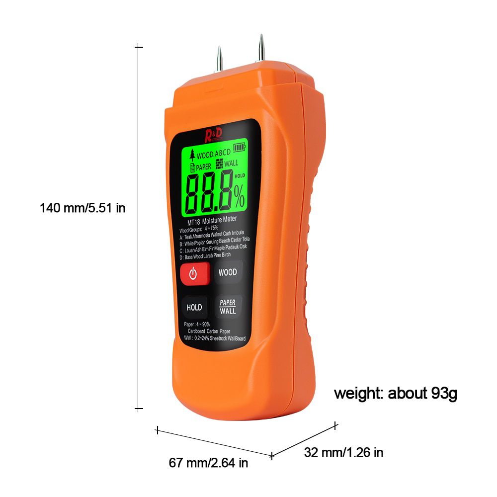 MT-18 Wood Moisture Meter Paper Humidity Tester Wall Hygrometer Timber Damp Detector Tree Density Tester Orange