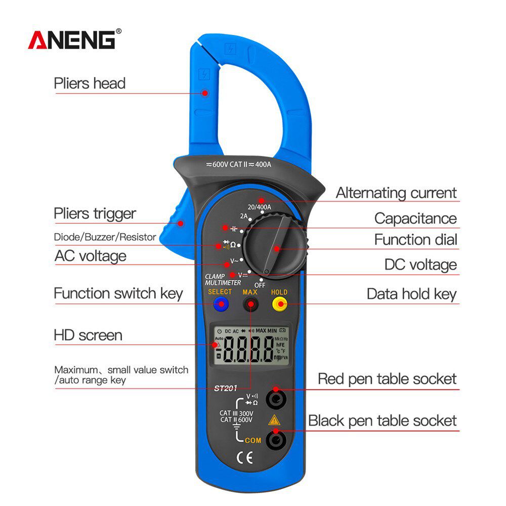 ST201 Professional Digital 1999 Count Clamp Multimeter ACDC Ammeter Transistor Capacitor Auto Voltage Tester Electric
